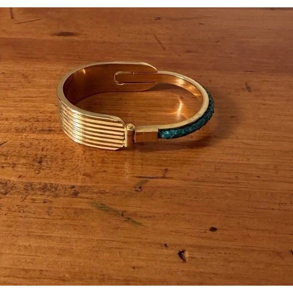 Gold Tone Hinged Cuff Bracelet with Turquoise Inlay Bohemian Statement Preowned